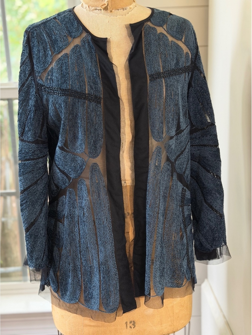 Chico’s Blue Chenille Mesh Cutout Open Whimsy Boho Jacket Layering Piece Women M